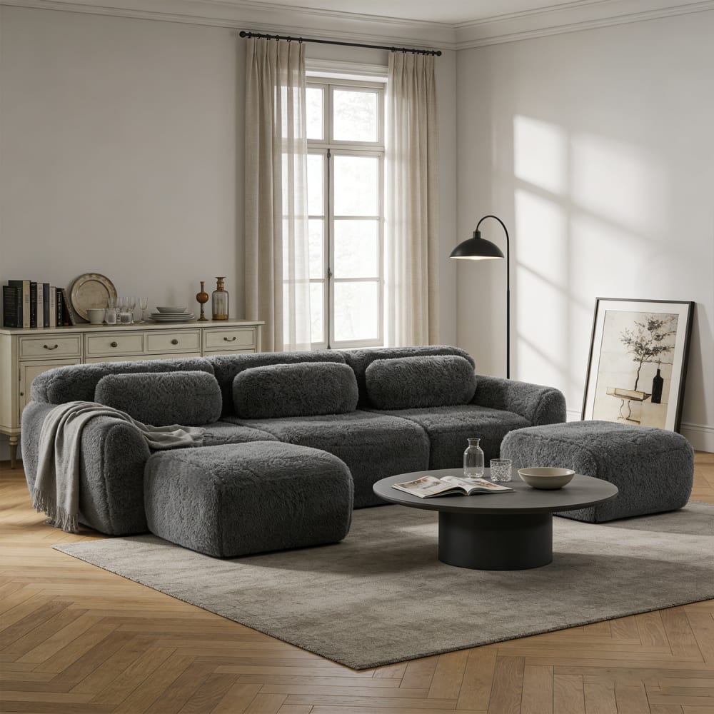 Modulares U-Sofa 3 Sitzer, ohne Montage, Kunstfellstoff, grau -