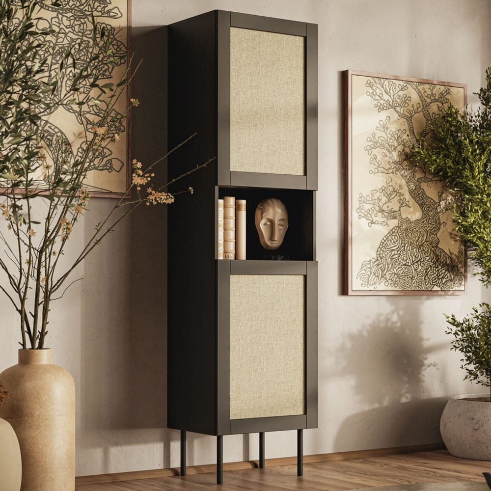 Vitrine avec façades en rotin et niche de rangement noire 190cm
