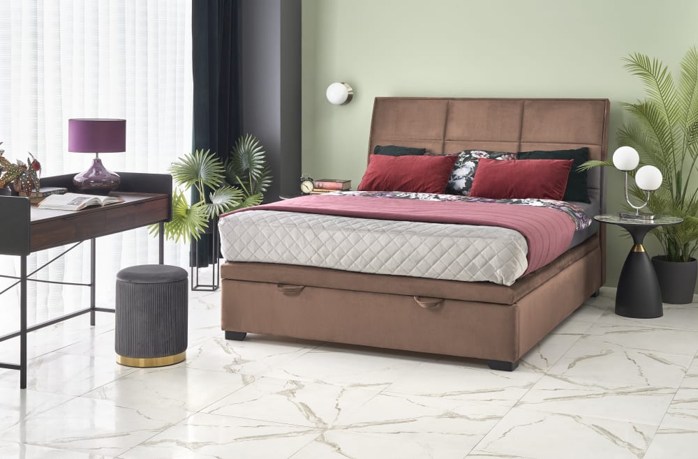 Lit coffre avec tête de lit en velours beige 160cm