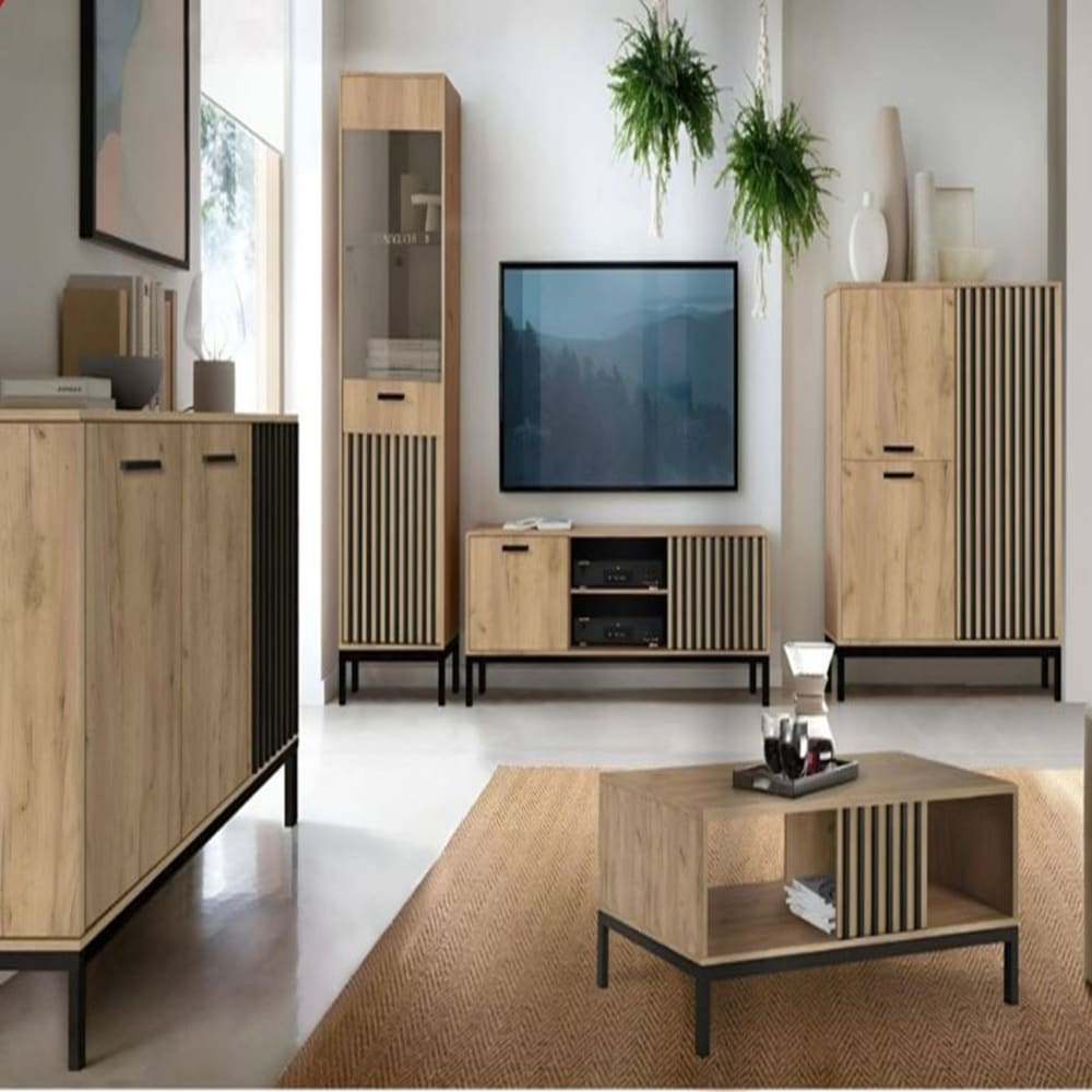 Buffet bas noir et bois avec tasseaux 154cm