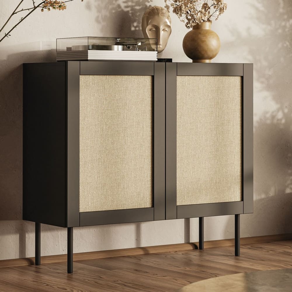2-türiges Sideboard mit Fronten aus schwarzem Rattan, 100 cm -