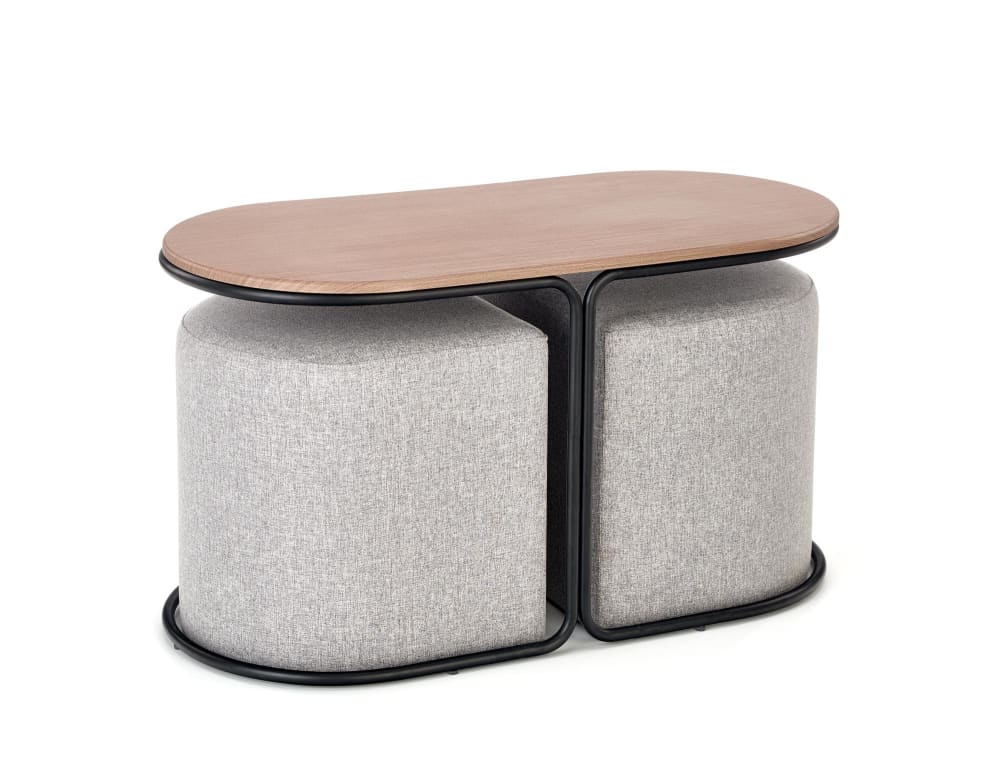 Ensemble table basse et deux poufs en tissu de polyester gris Ensemble table basse et deux poufs en tissu de polyester gris