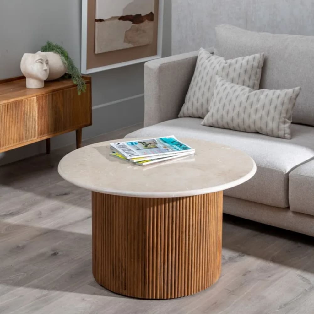 Table basse ronde marbre crème et bois rainuré naturel 76cm