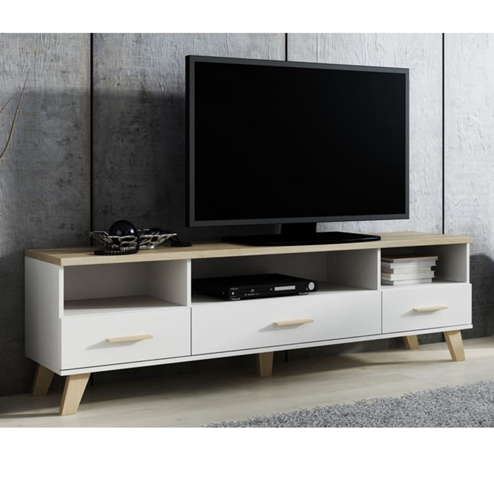 TV-Schrank mit Dekor aus Eiche und glänzendem Weiß, 180 cm -