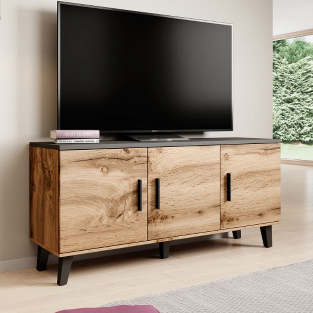 Buffet décor chêne et noir mat 3 portes 150cm