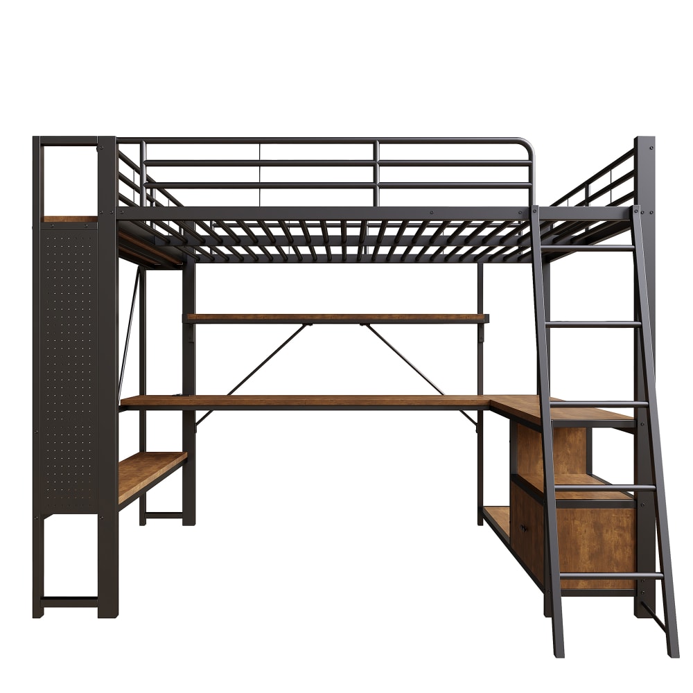 Hochbett 140x200 cm mit Schreibtisch Regalen LED Schwarz -