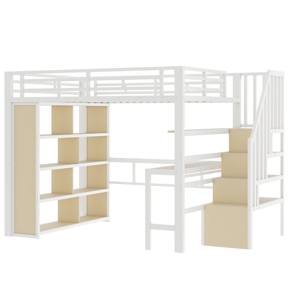 Hochbett 140x200 cm mit Schreibtisch Stauraum LED Weiß - Maisons