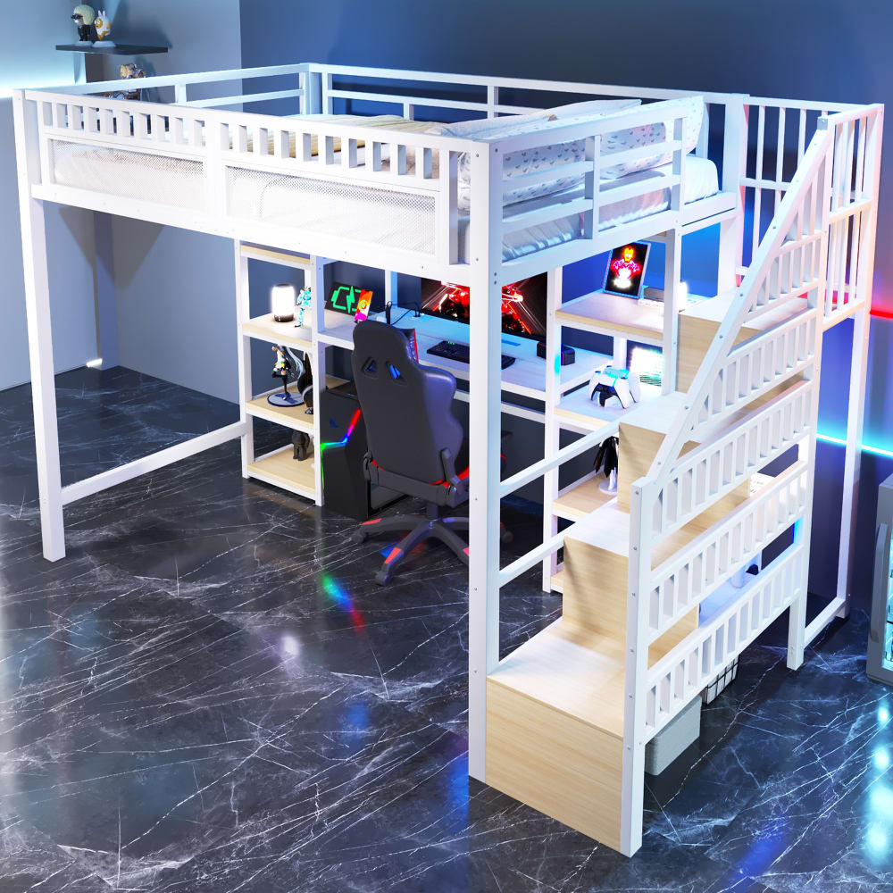 Hochbett 140x200 cm mit Schreibtisch Stauraum LED Weiß - Maisons