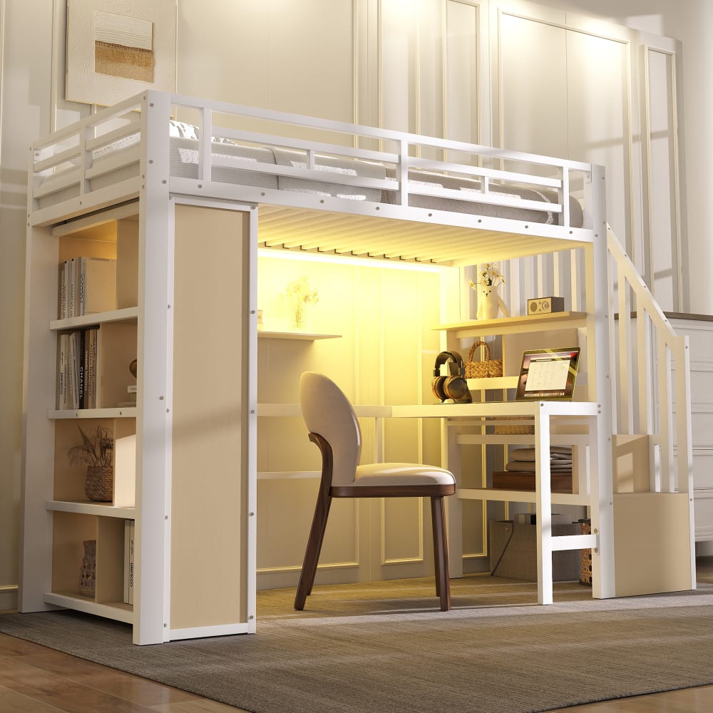 Hochbett 90x200 cm mit Schreibtisch Stauraum LED Weiß - Maisons
