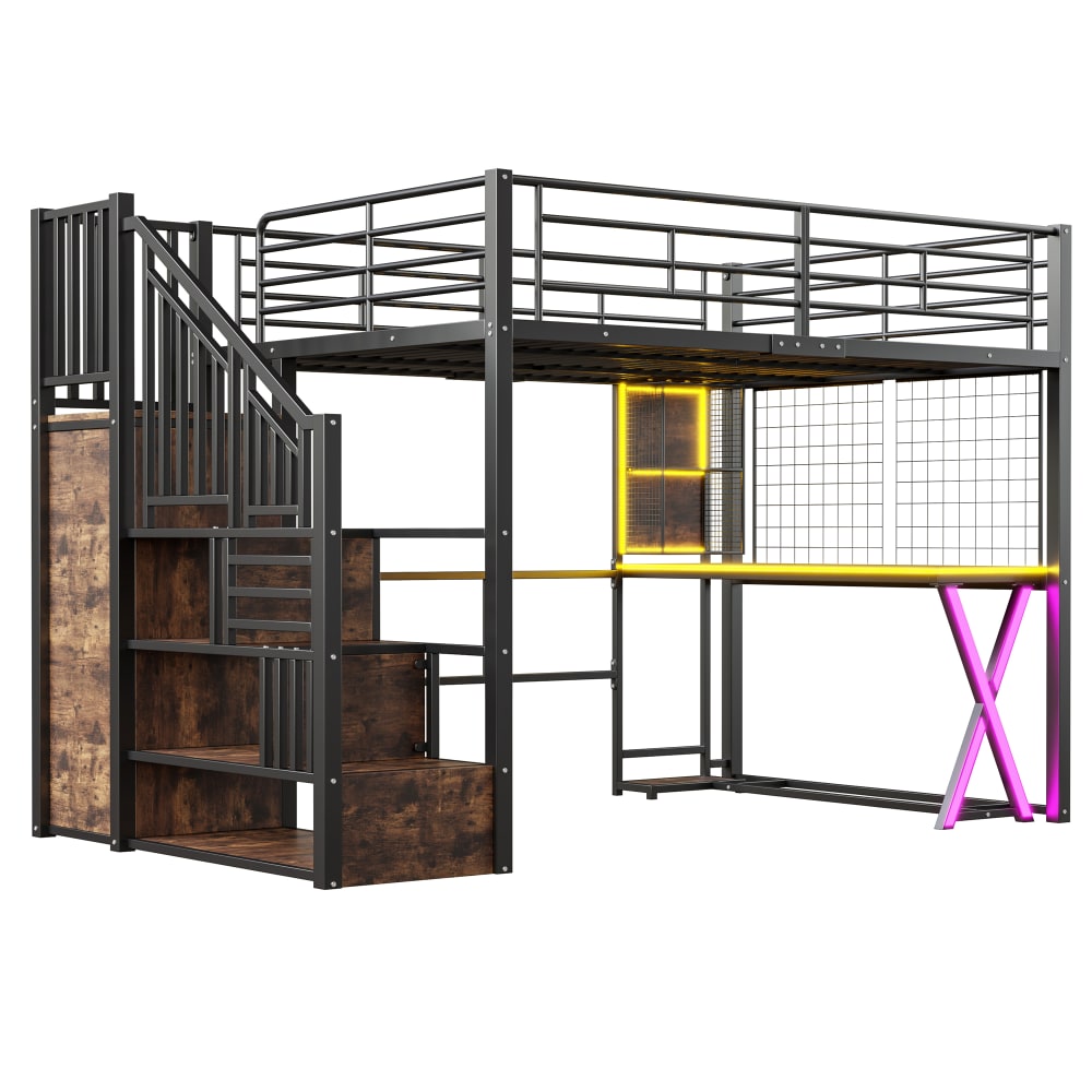 Hochbett 140x200 cm mit Schreibtisch Kleiderschrank LED Schwarz -