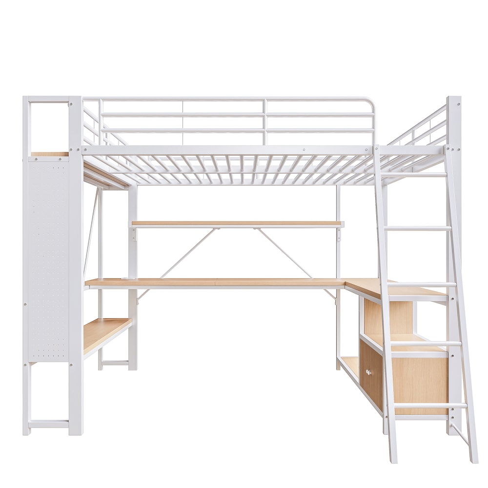 Hochbett 140x200 cm mit Schreibtisch Regalen LED Weiß - Maisons