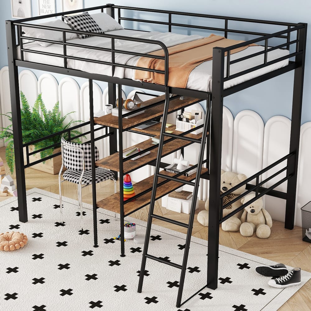 Kinder Hochbett 90x200 cm mit Schreibtisch und Regalen Schwarz -