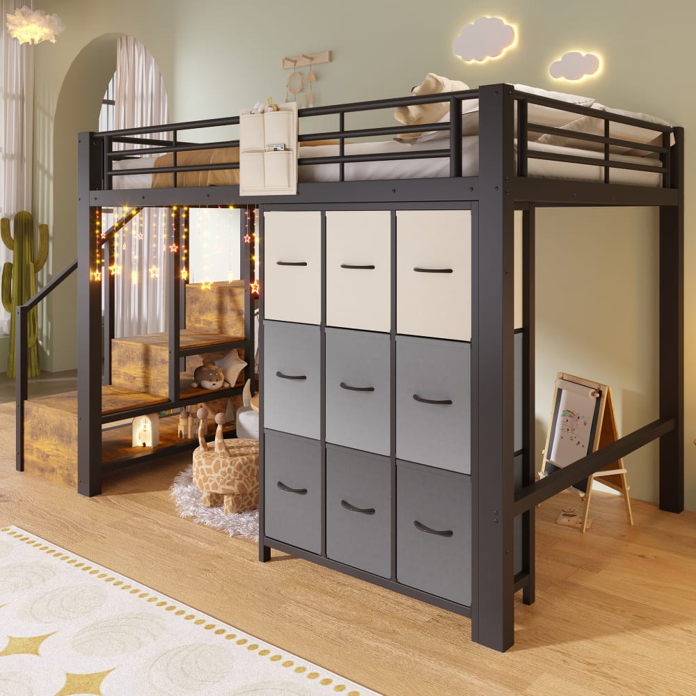 Hochbett 140x200 cm mit Schubladen Stauraumtreppe Schwarz -