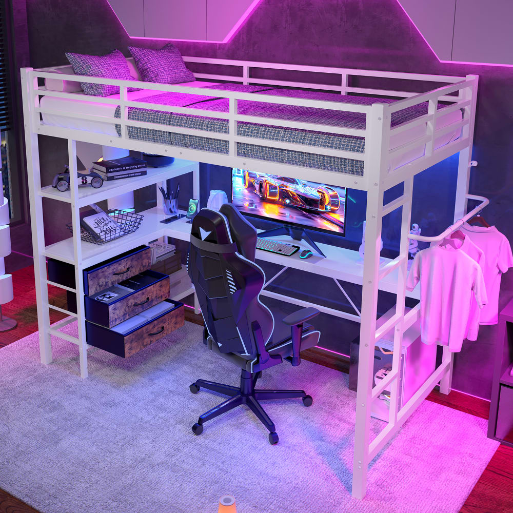 Hochbett 90x200 cm mit Schreibtisch Schubladen LED Weiß - Maisons
