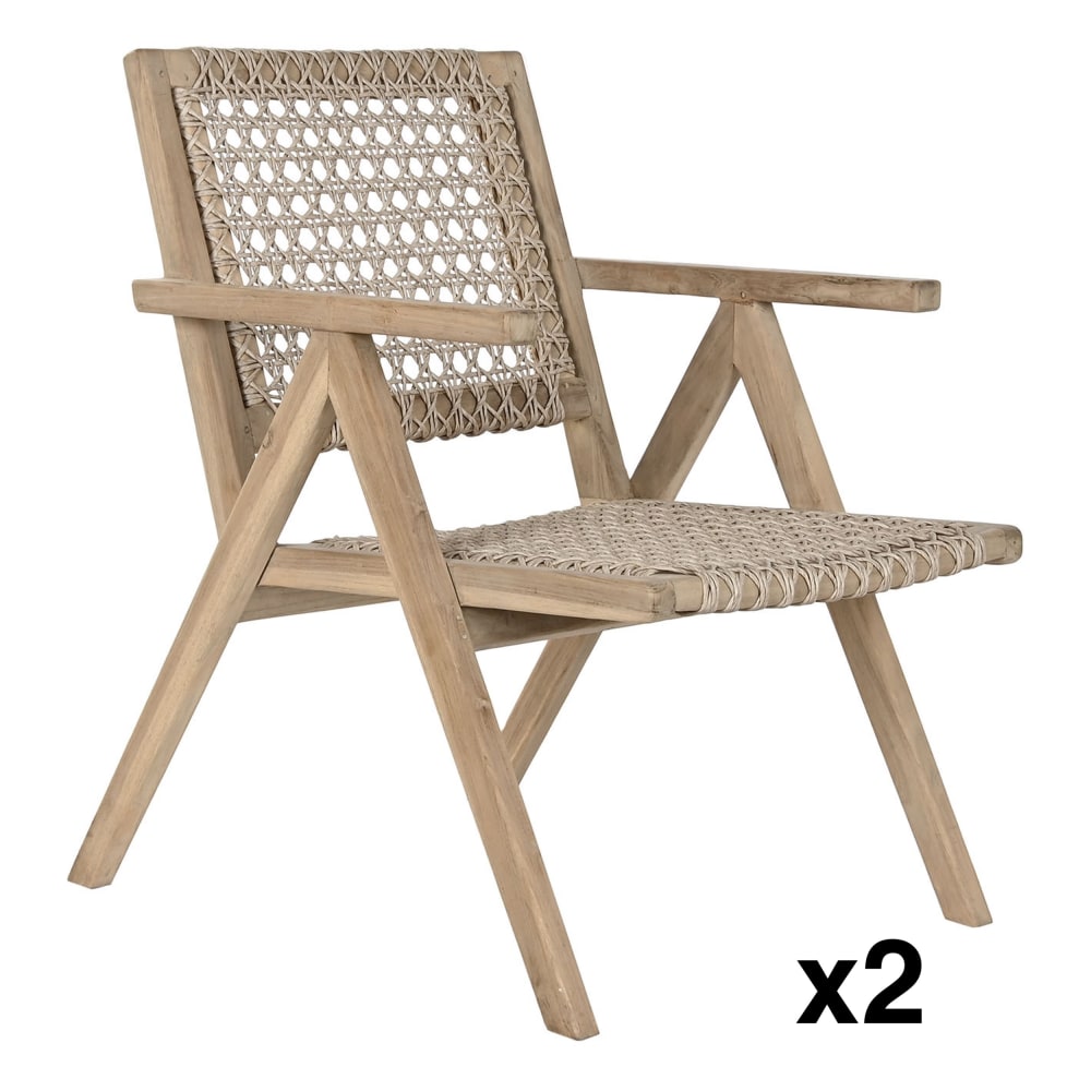 Lot 2 fauteuils en teck et fibre tressée à la main marron 60x70x82 cm