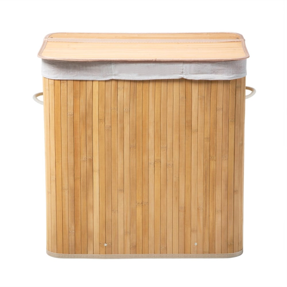 CALICOSY Produktmerkmale: Wäschekorb aus Bambus mit Stoffbeutel. 3 Fächer. Produktmaße: Länge 60 cm × Tiefe 40 cm × Höhe 60 cm – Nettogewicht: 3 kg.