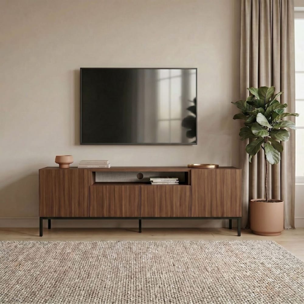 Meuble tv 4 portes 1 niche l160 cm - noyer