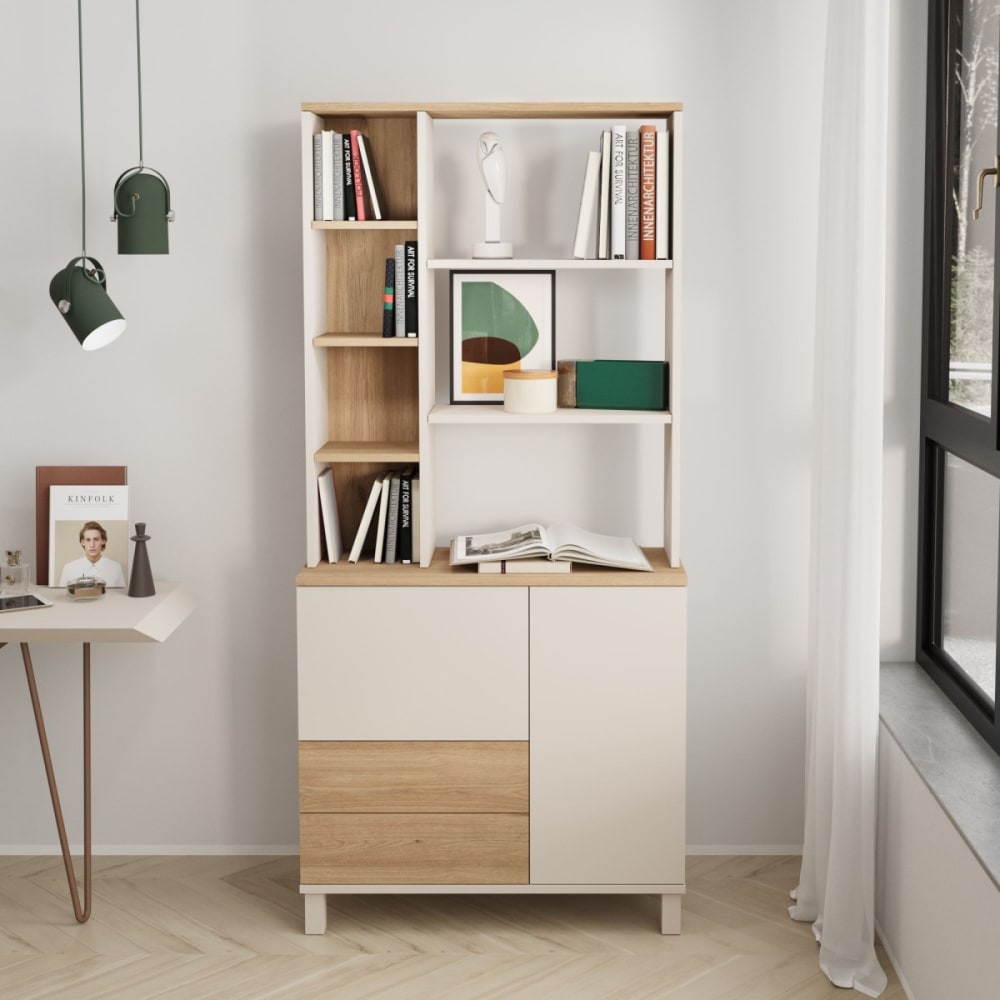 Bücherregal mit 2 Türen 2 Schubladen, Dekor Kaschmir und Eiche