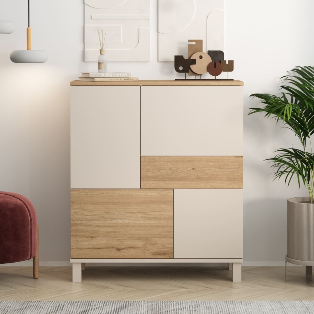 Highboard with 4 doors, 1 drawer, cashmere and oak decor, W87 cm