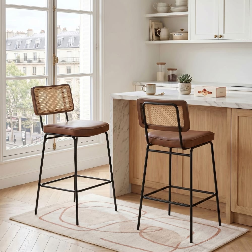 2er-Set Barhocker aus Kunstleder mit Rattan-Rückenlehne, braun -