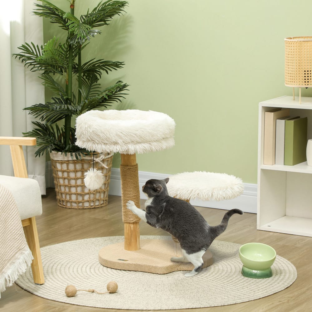 Design-Kratzbaum mit Holzstämmen und Bett, Weiß - Maisons Du