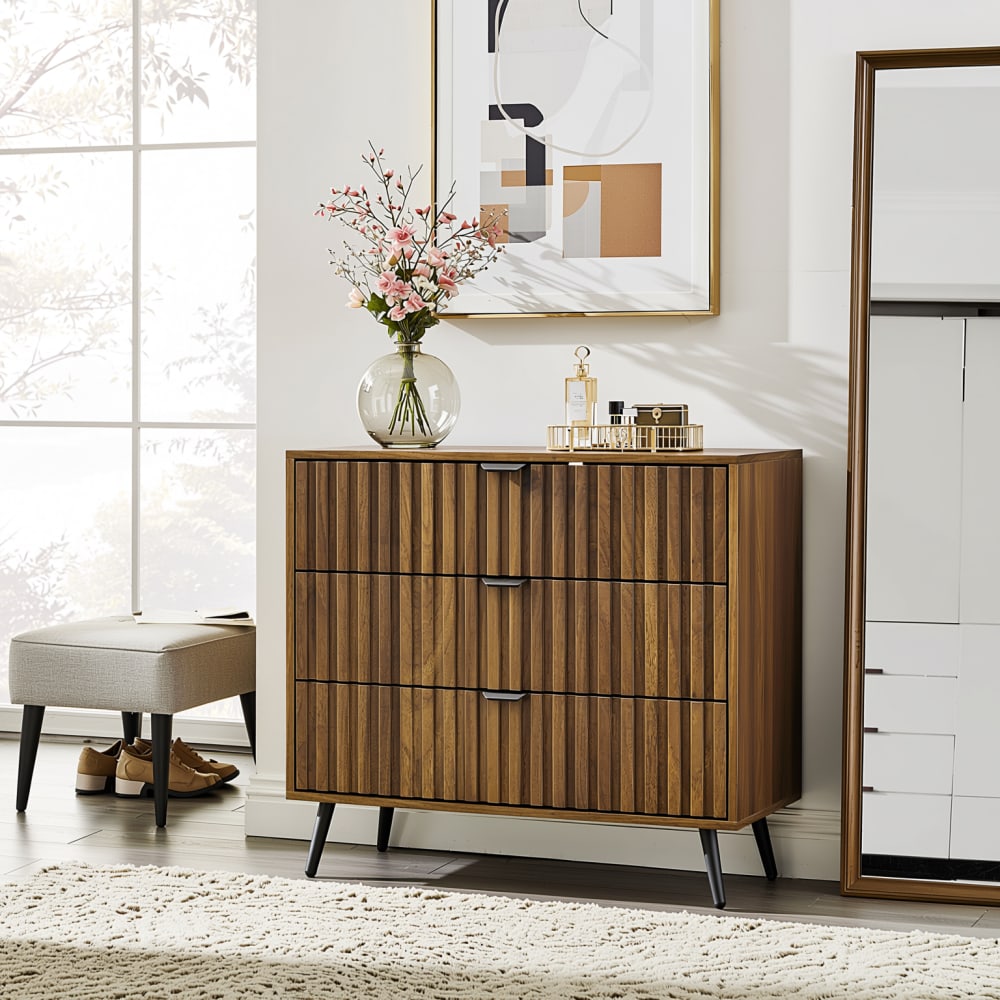Sideboard Walnuss-Optik, Retro-Kommode, 3 Schubladen,