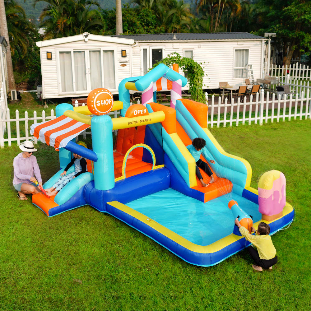 Aufblasbare Wasserburg mit Doppelrutsche & Spielbereich, Blau -