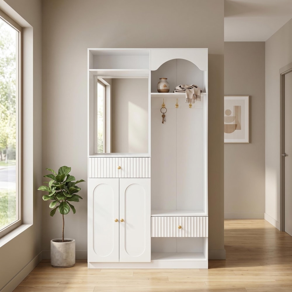 Garderobe, Spiegel, LED-Beleuchtung, Goldakzent, Weiß - Maisons