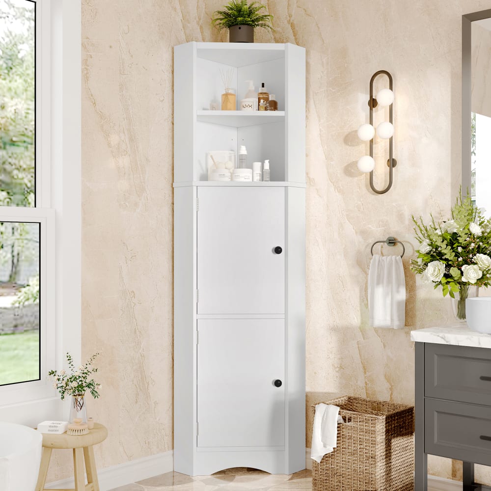 Eck-Badezimmerschrank mit Ablagen und Schränken, weiß - Maisons