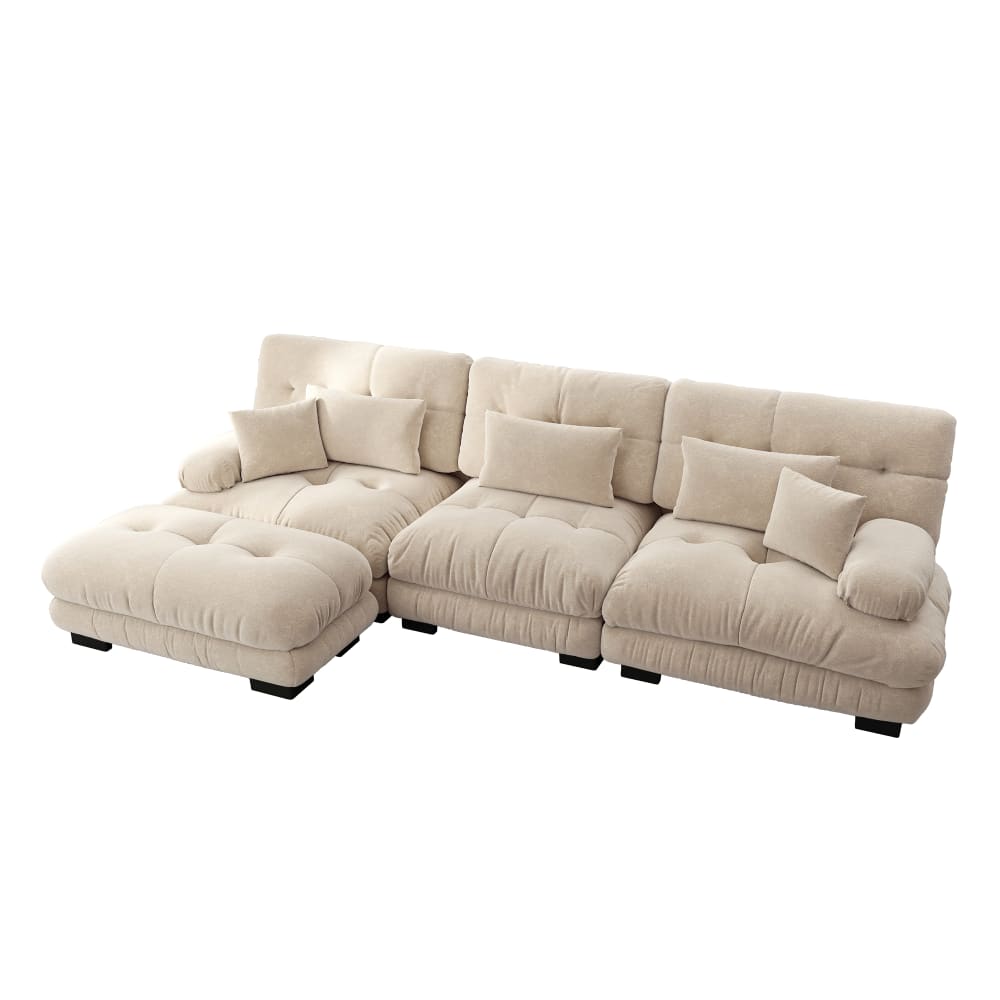 Canapé d'angle 3 places capitonné en chenille beige, avec pouf
