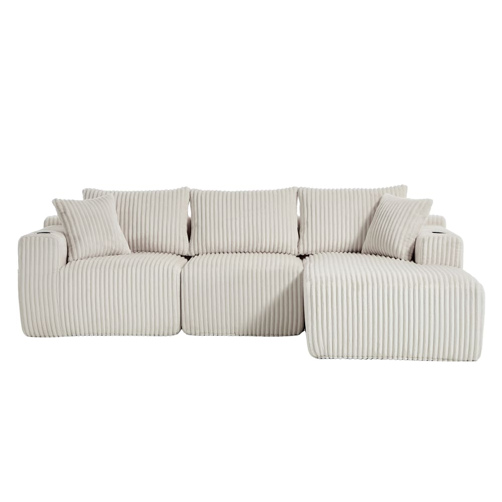 Canapé d'angle 3 places en velours côtelé beige, 5 coussins, poches