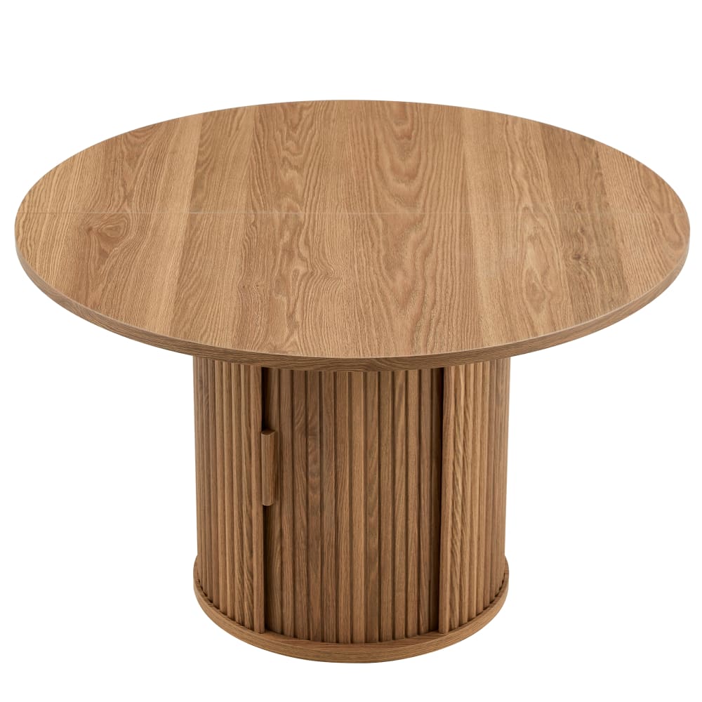 Runder Esstisch mit Lattendesign und Stauraum, Holzoptik -