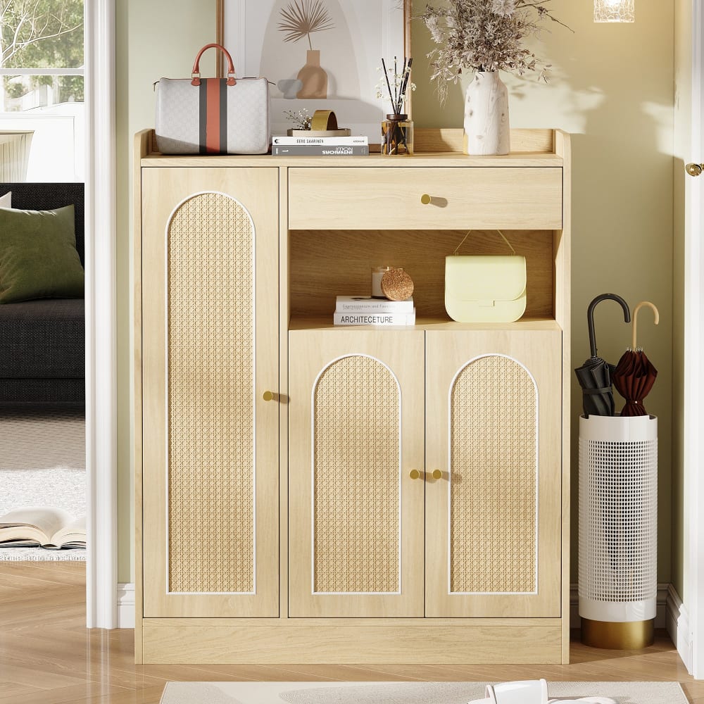 Schuhschrank mit 3 Türen, 1 Schublade, Rattan-Design, hellholz -