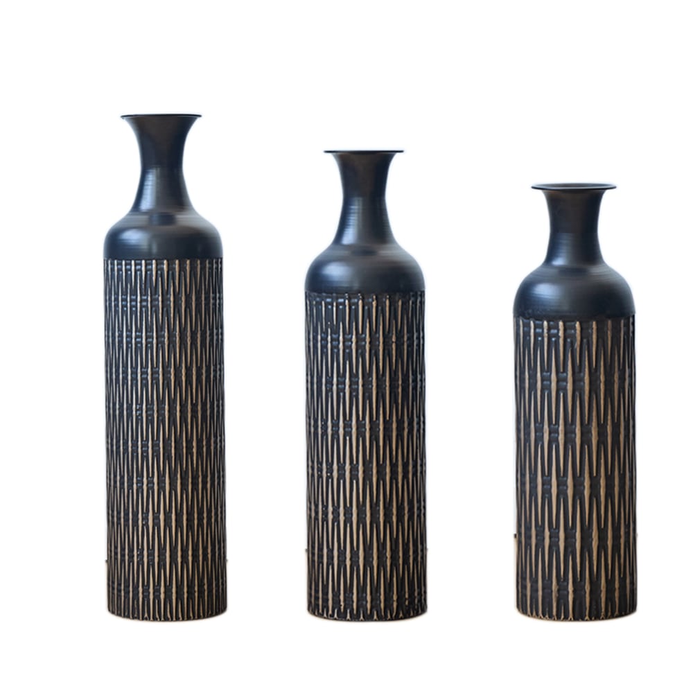 Urban Cocon 3er-Set Bodenvasen aus schwarzem Metall, Rillenmuster, 50-83 cm - Metall