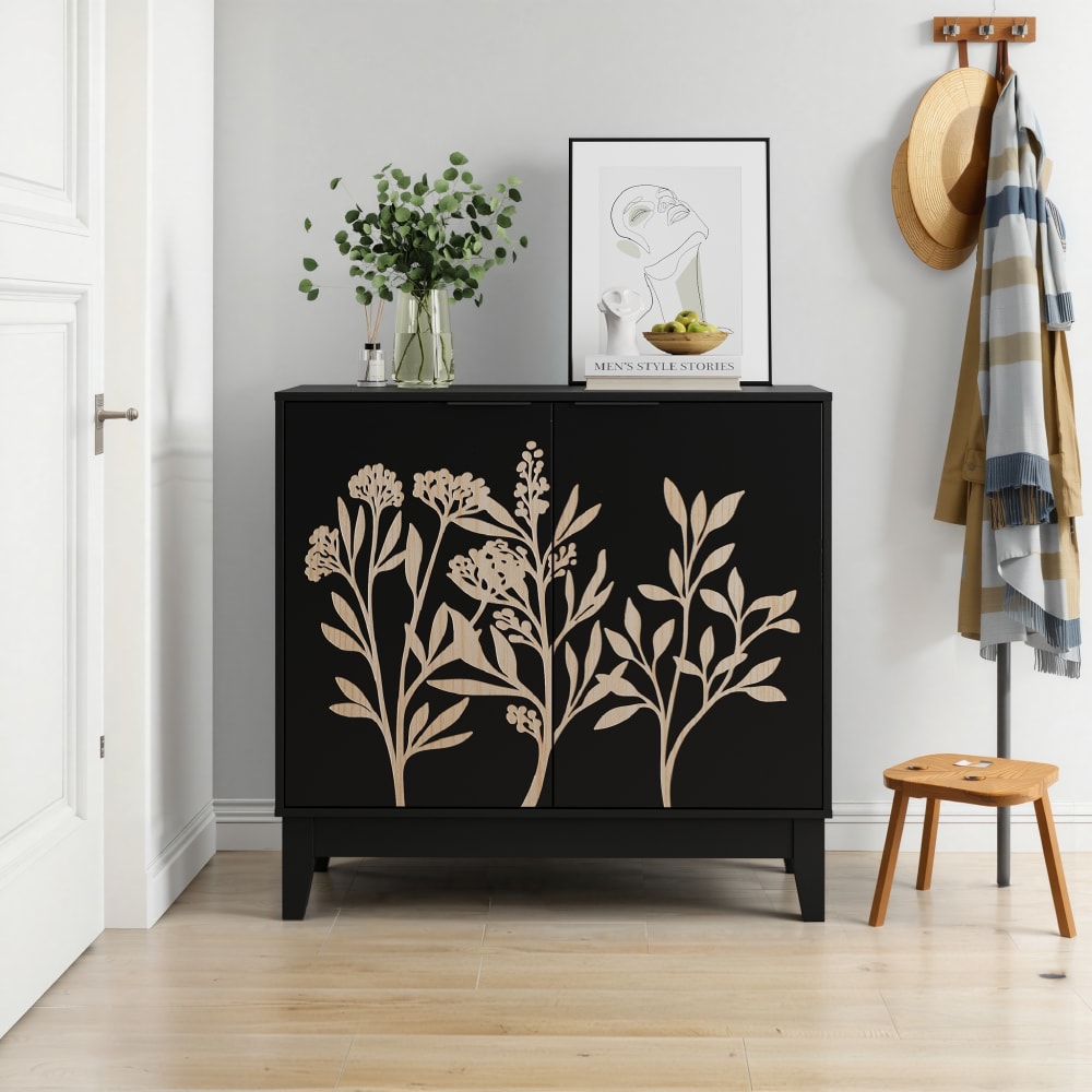 Schwarzes Buffet im Landhausstil mit 2 Türen & Blumenprägung -