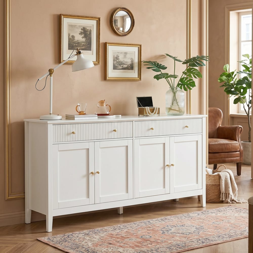 Sideboard mit 2 Schubladen, Rillen-Design, 4 Türen, Goldgriffe,