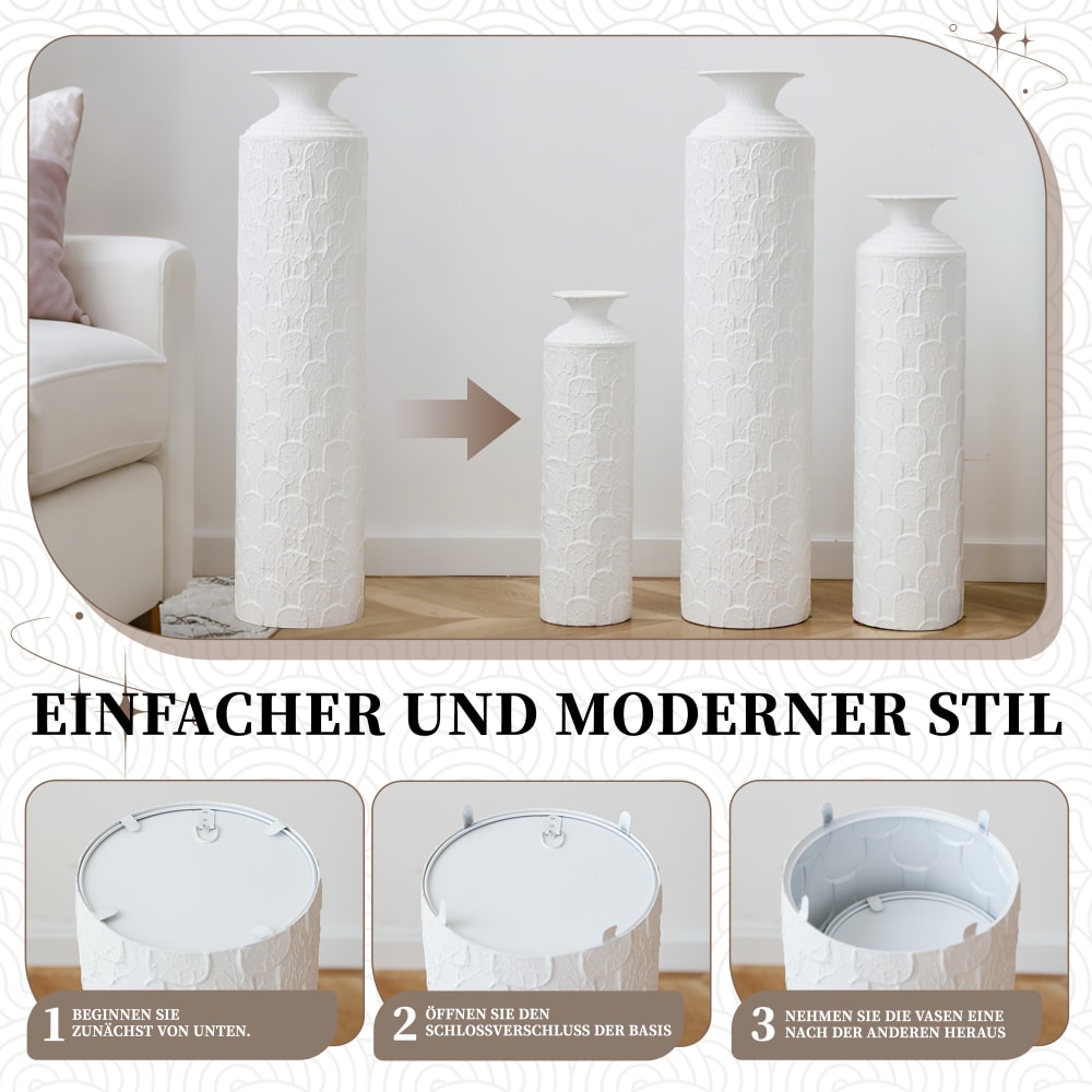 Lot de 3 grands vases au sol en métal blanc, texture relief, 50-85 cm — vue 4