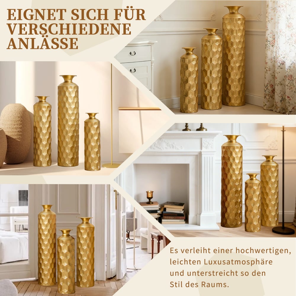 3er-Set Bodenvasen aus goldfarbenem Metall, Wabenmuster, 50-85 cm