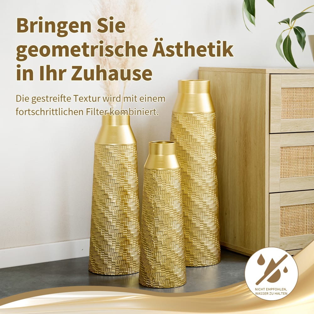 3er-Set Bodenvasen aus goldfarbenem Metall, handwerkliche Textur