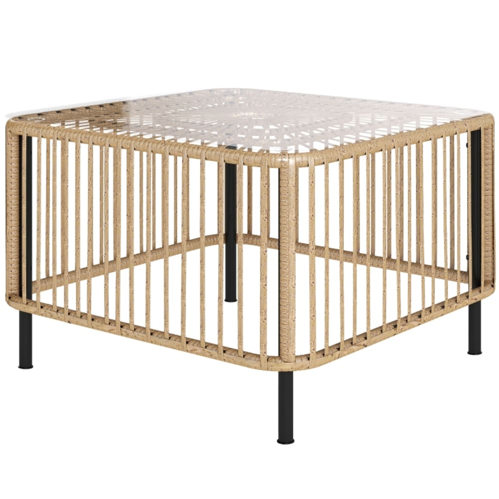 Table basse de jardin carrée en résine tressée et verre, 65 cm