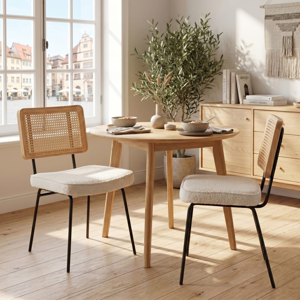 Urban Meuble 2er-Set Esszimmerstühle mit Rattan-Rückenlehne und Chenille, beige - Stoff