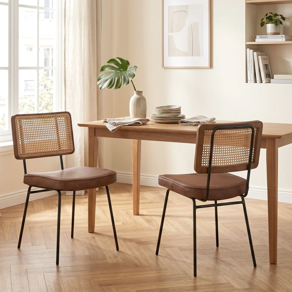 2er-Set Vintage-Stühle mit Rattan-Rückenlehne und PU, braun -