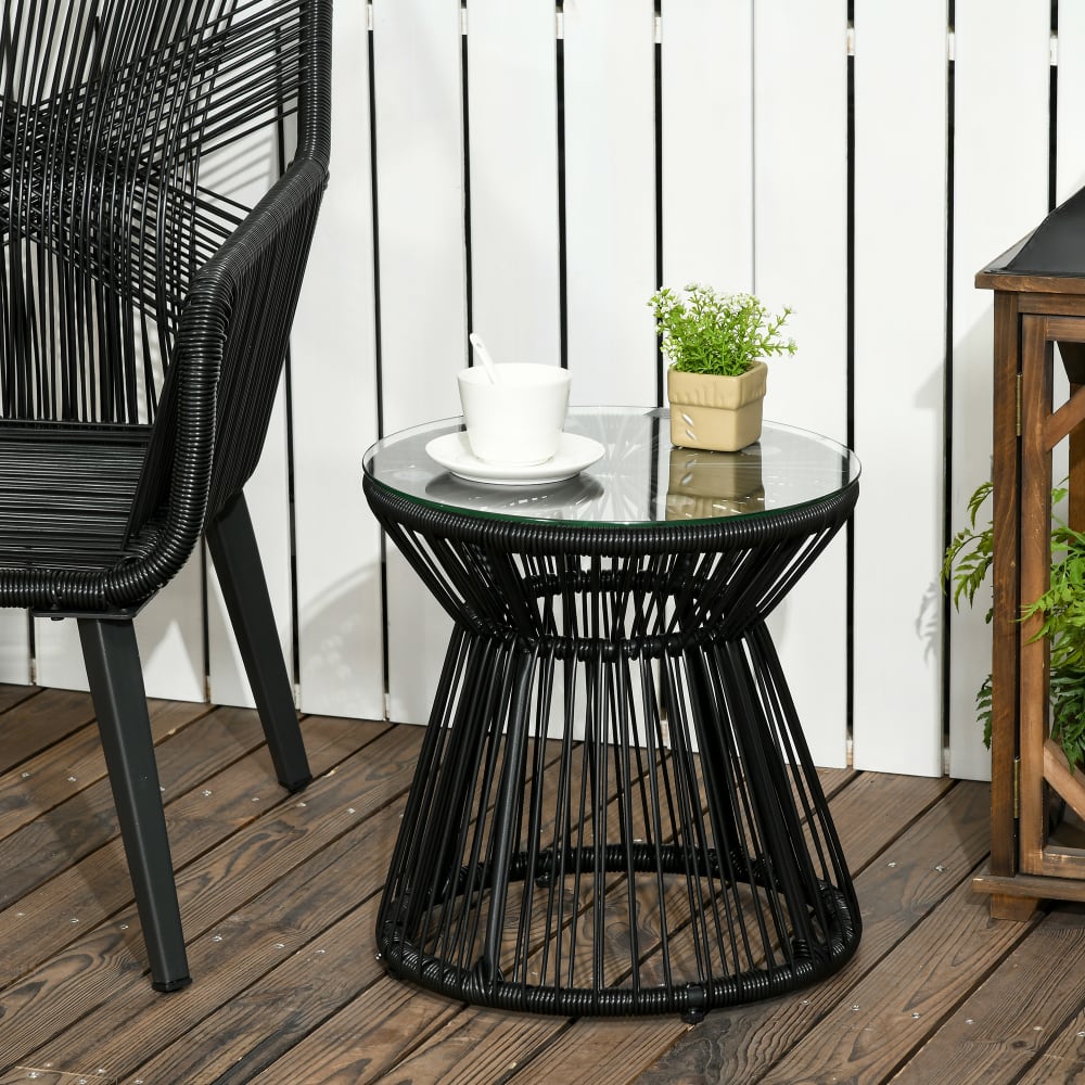 Table basse ronde bistrot en rotin pe et verre, noir, ø40 cm