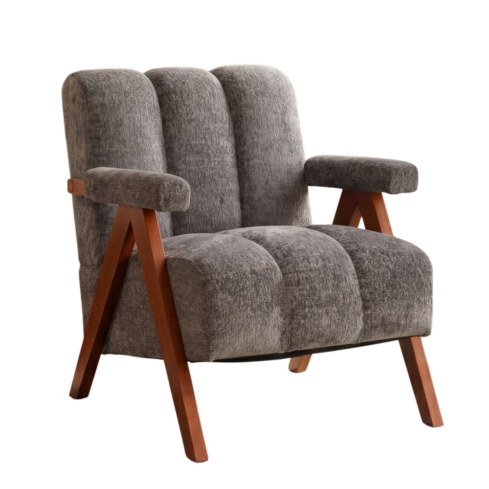 Fauteuil rétro en tissu bouclé gris avec pieds en chêne massif Fauteuil rétro en tissu bouclé gris avec pieds en chêne massif