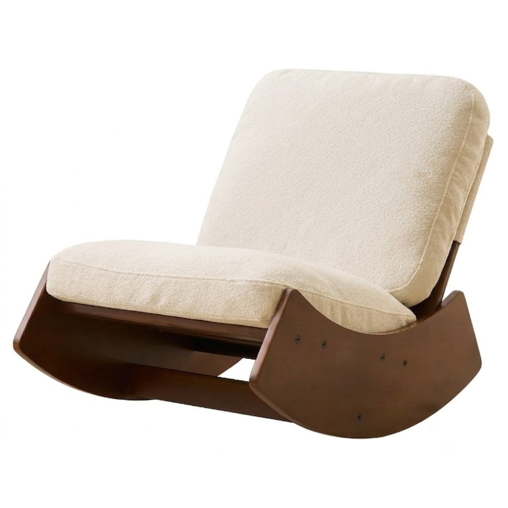 Fauteuil à bascule rétro en corduroy beige, cadre en bois massif Fauteuil à bascule rétro en corduroy beige, cadre en bois massif