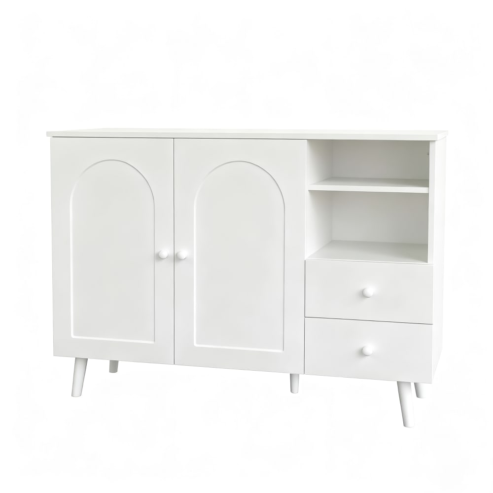 Urban Meuble Sideboard mit Kurven-Design, 2 Türen, Beine & Griffe Massivholz, Weiß Weiß Spanplatte