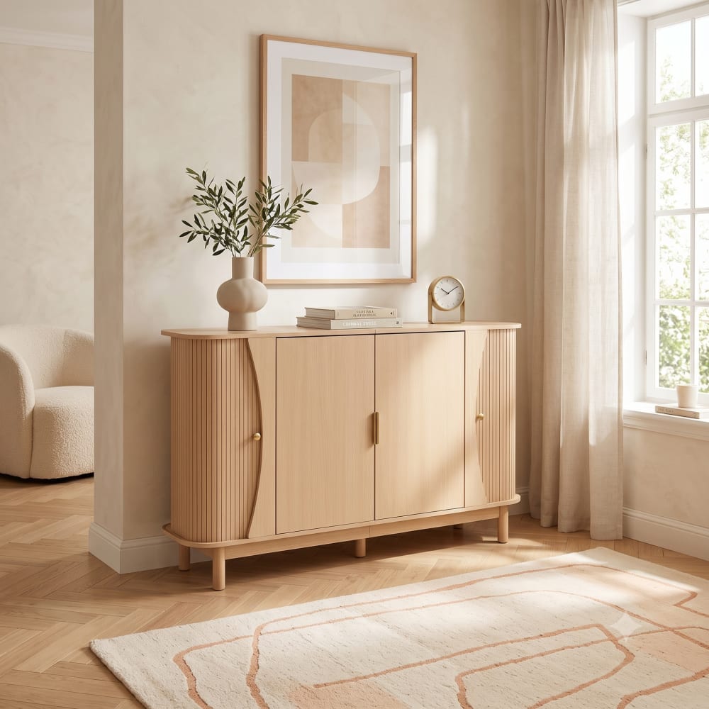 Urban Meuble Sideboard, Holzoptik hell, 2 Flügeltüren, 2 Schiebetüren, Beige Beige Spanplatte