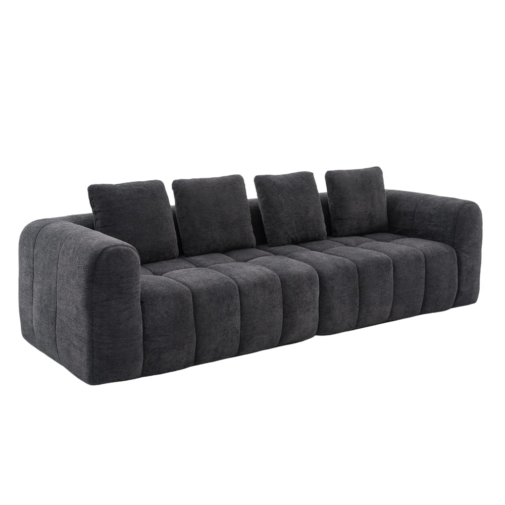 Canapé 4 places en velours gris foncé avec coussins tissu résistant