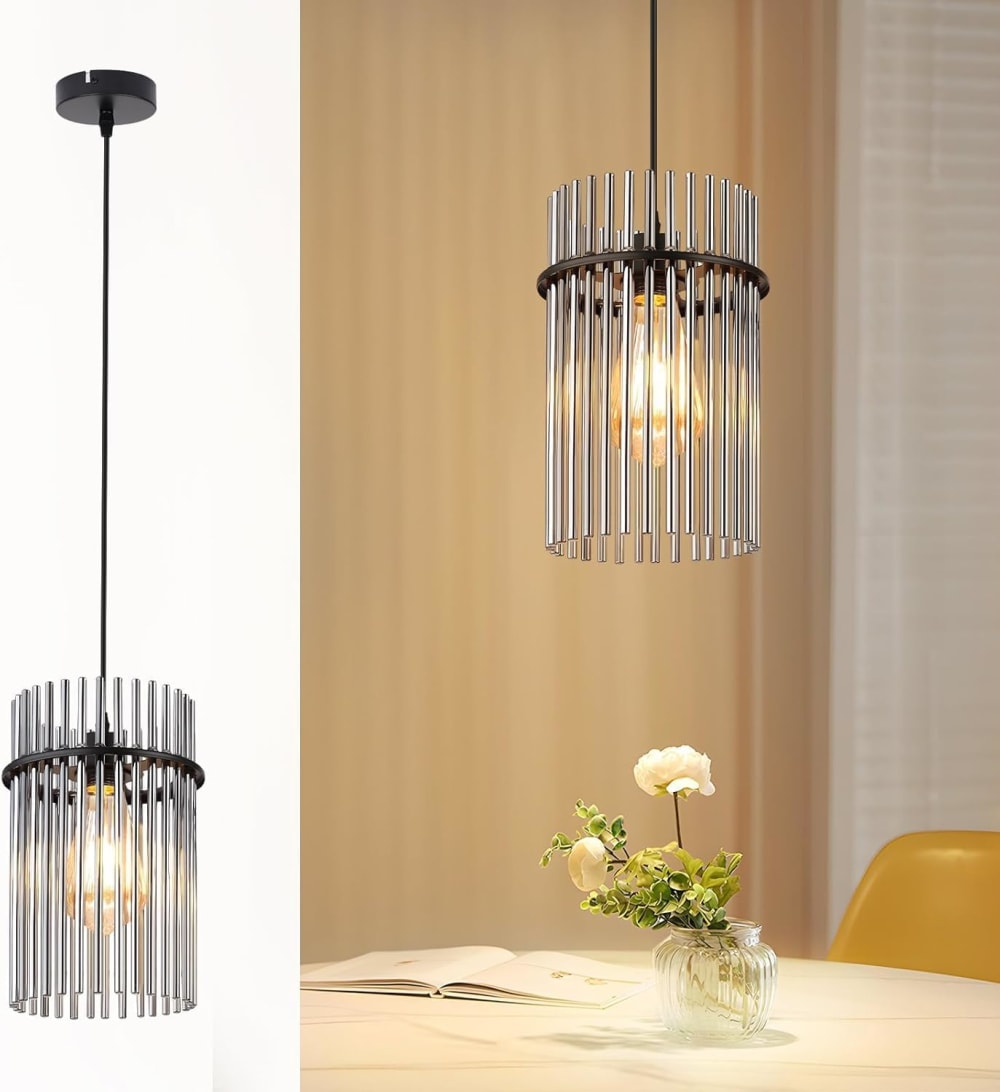 Suspension en verre, fer et pvc, noir mat et gris fumé, h.150cm — vue 3
