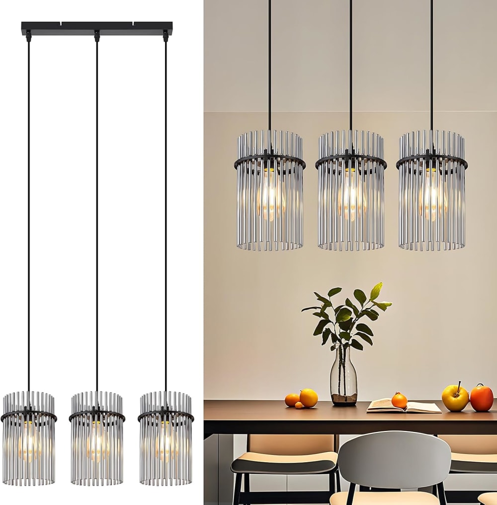 Pendelleuchte, Glass Eisen PVC, H.150CM, Matt-Schwarz Rauchgrau -
